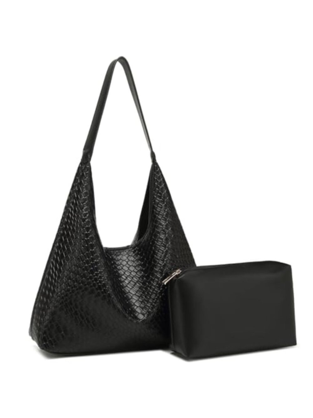 Woven Faux Leather Tote Bag with Cosmetic Bag, Women's Shoulder Hobo Handbag